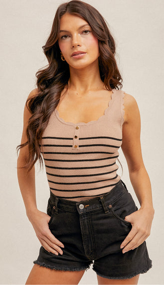 Scallop Edge Stripe Tank- Taupe/Black