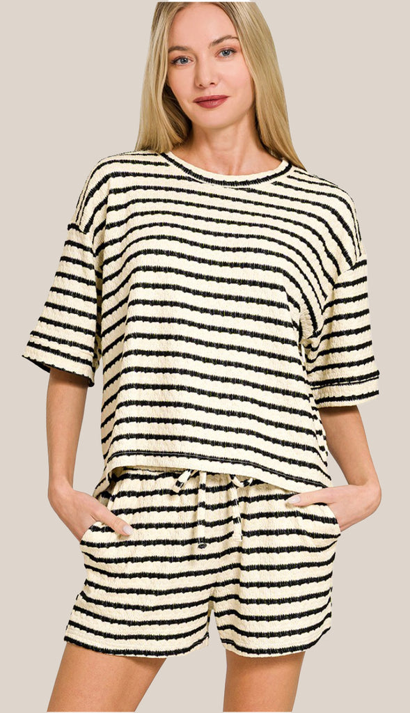 Cozy In The Sun Striped Tee & Shorts Set- Hunter Green