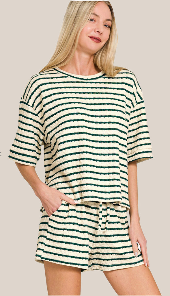 Cozy In The Sun Striped Tee & Shorts Set- Hunter Green