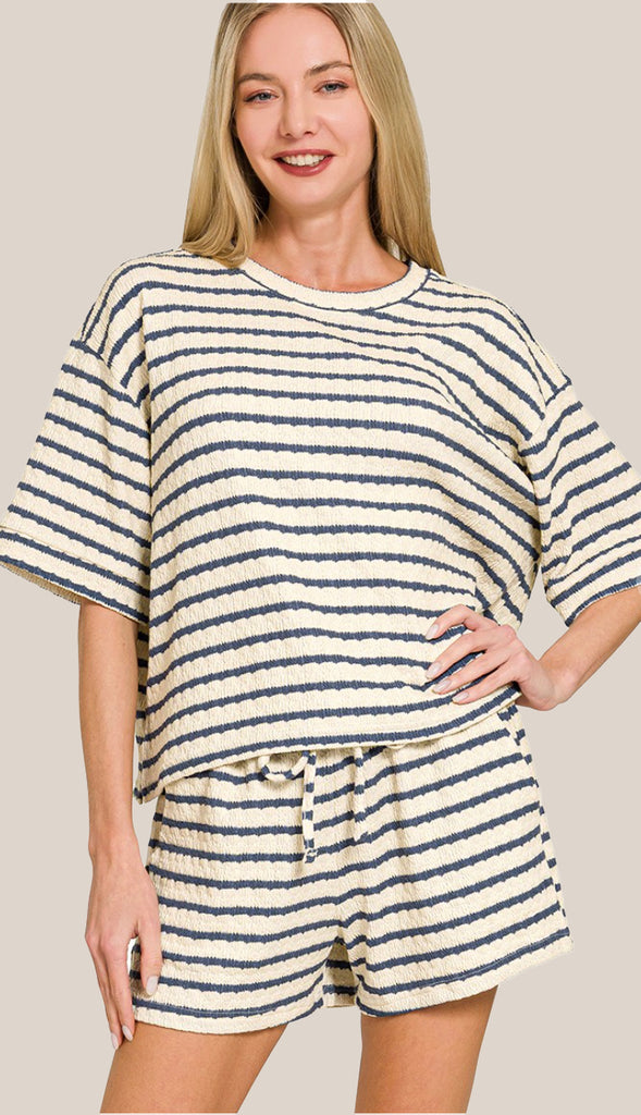 Cozy In The Sun Striped Tee & Shorts Set- Hunter Green