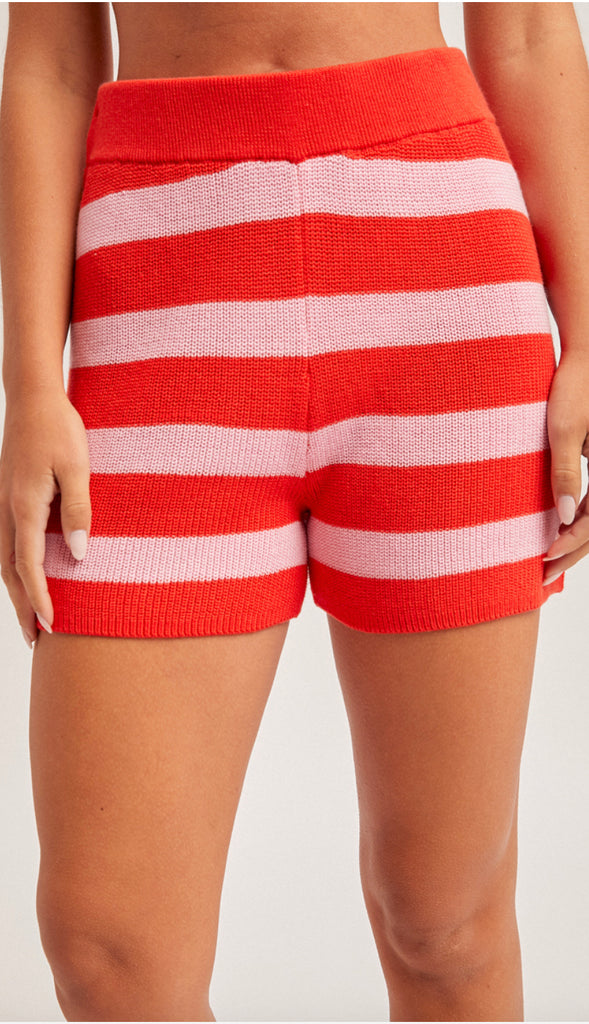 Be Mine Ribbed Waistband Sweater Shorts- Red/Pink