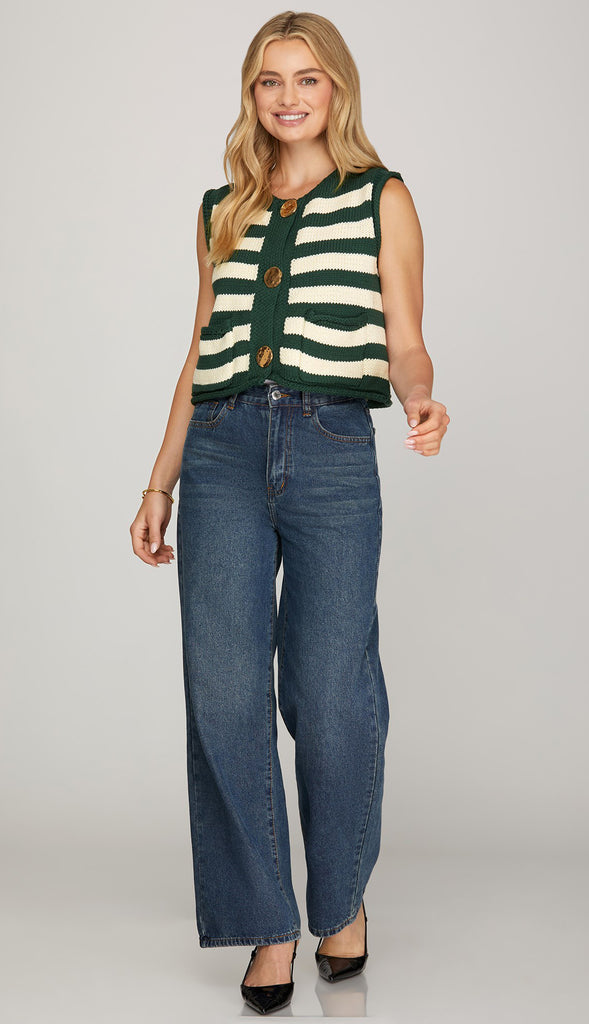 Demi Striped Button Sweater Vest- Green