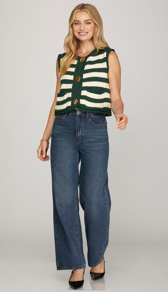 Demi Striped Button Sweater Vest- Green