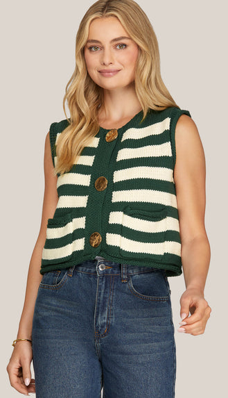 Demi Striped Button Sweater Vest- Green