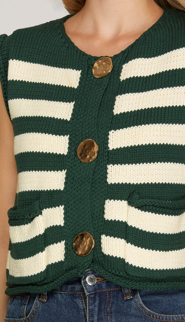 Demi Striped Button Sweater Vest- Green