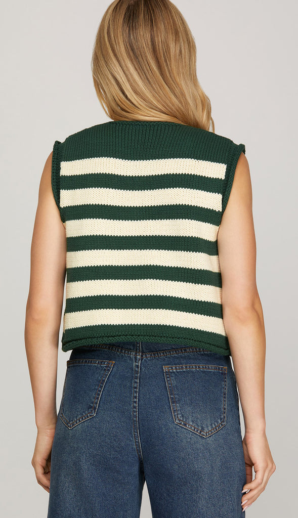 Demi Striped Button Sweater Vest- Green