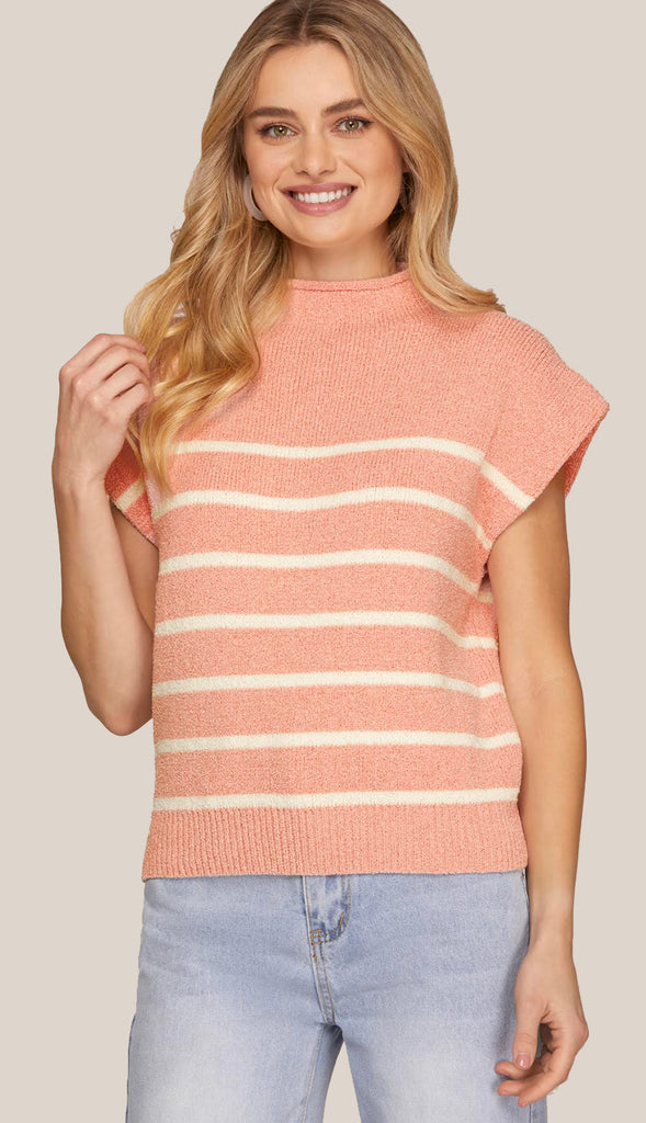 Claret Mock Neck Striped Sweater Top- Rose