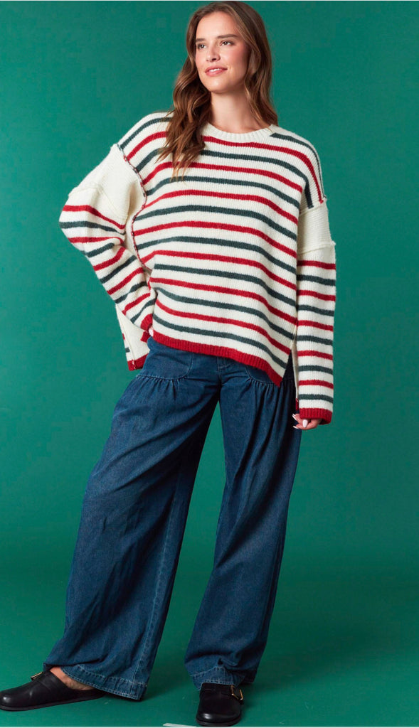 Holiday Cheer Striped Sweater- Red/Green/Ivory