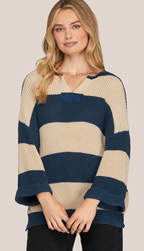 Esther 3/4 Sleeve Stripe Sweater- Navy Blue
