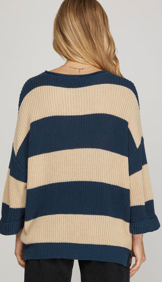 Esther 3/4 Sleeve Stripe Sweater- Navy Blue
