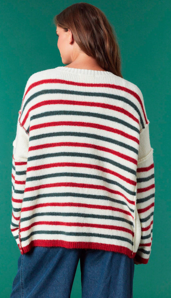 Holiday Cheer Striped Sweater- Red/Green/Ivory