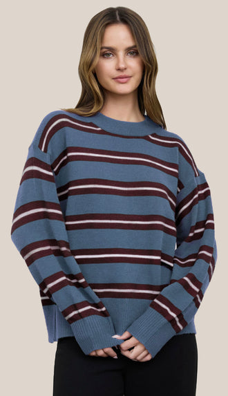 Clara Stripe Crewneck- Dusty Blue/Brown
