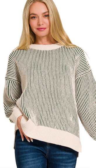 Laynee Two Tone Crewneck Sweater- Green/Cream