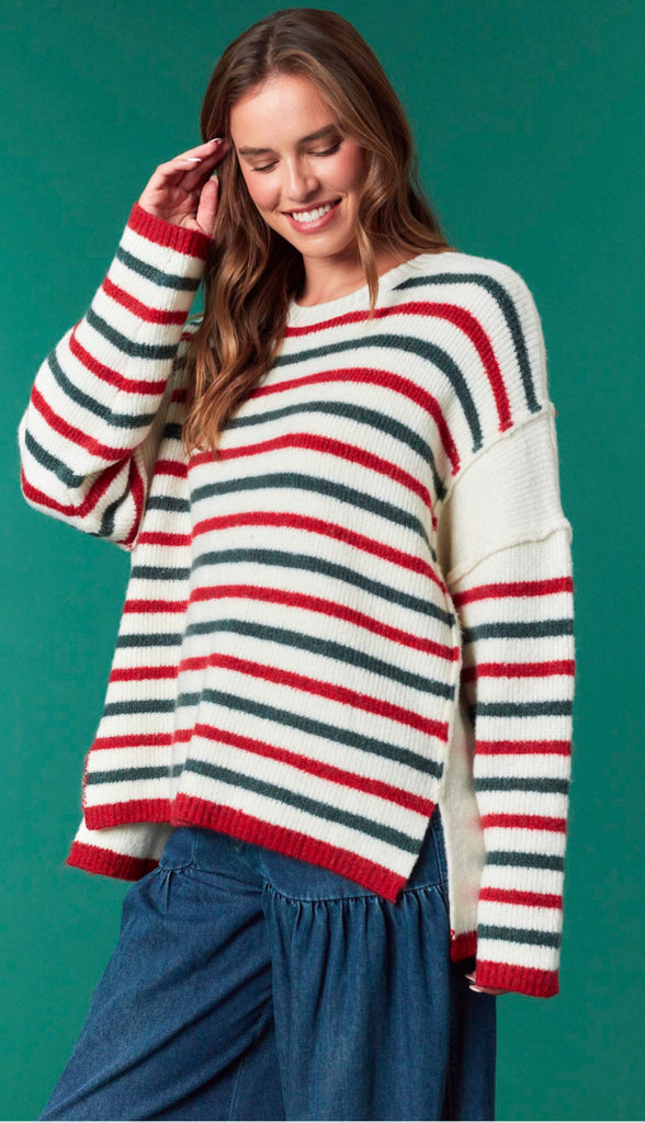 Holiday Cheer Striped Sweater- Red/Green/Ivory