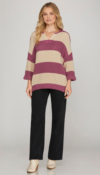 Esther 3/4 Sleeve Stripe Sweater- Mauve