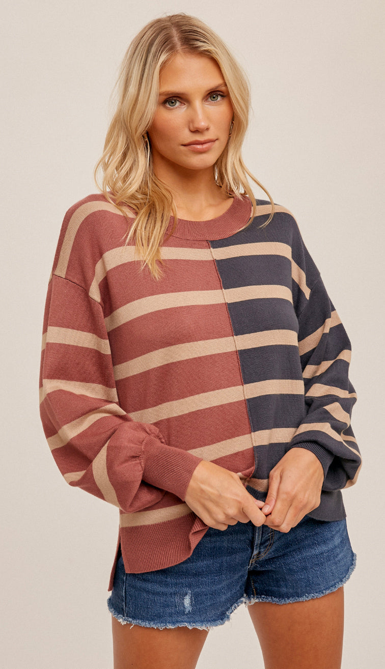 Two Way Street Stripe Sweater- Rose/Teal