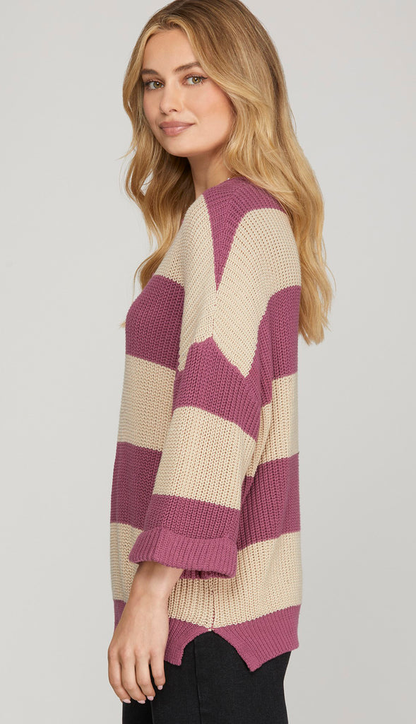Esther 3/4 Sleeve Stripe Sweater- Mauve