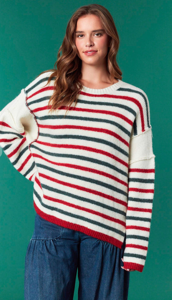 Holiday Cheer Striped Sweater- Red/Green/Ivory