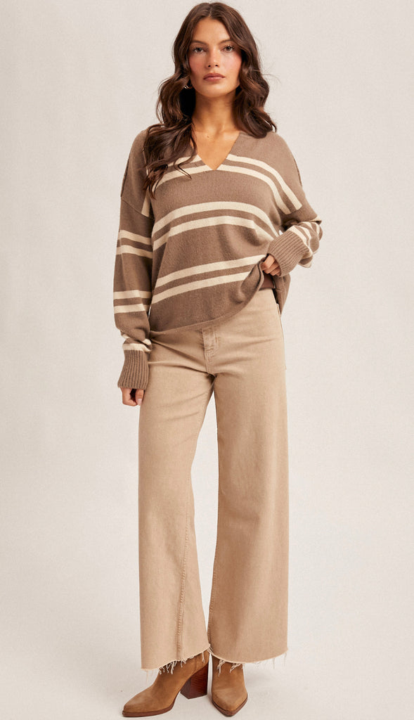 Coffee Date Striped Sweater- Mocha/Cream