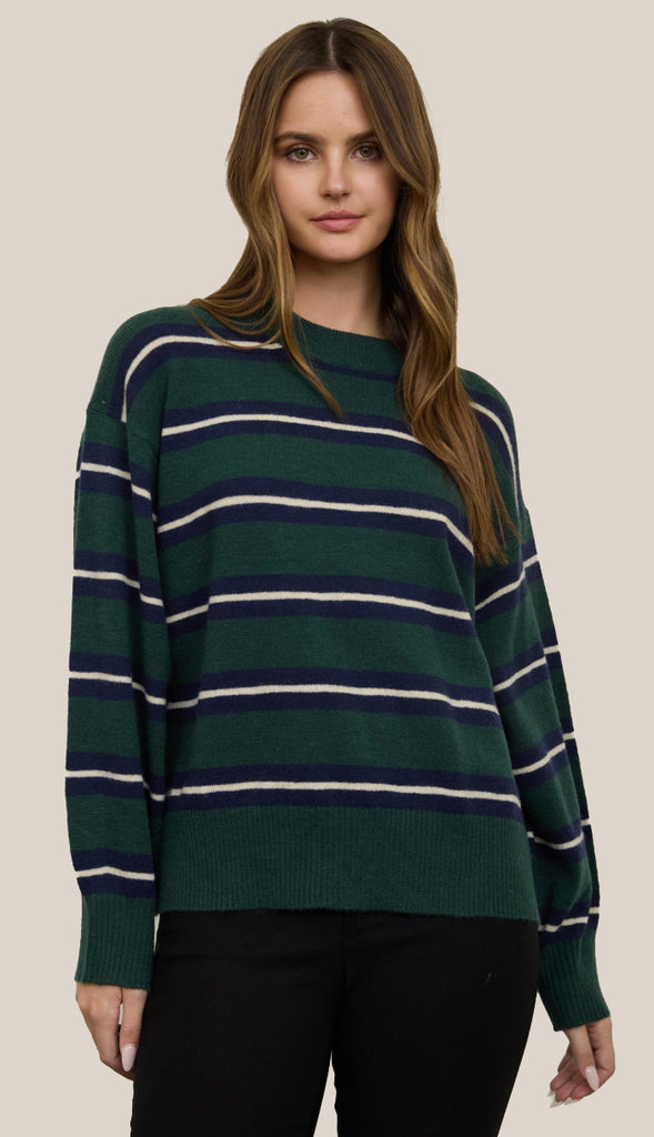 Clara Stripe Crewneck- Dusty Blue/Brown