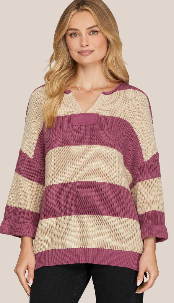 Esther 3/4 Sleeve Stripe Sweater- Navy Blue