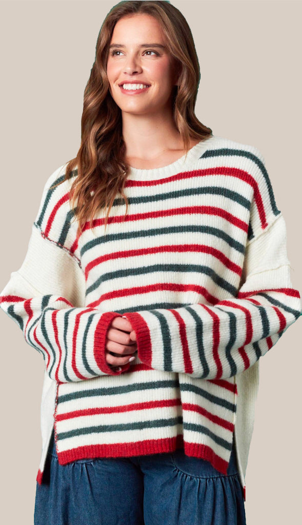 Holiday Cheer Striped Sweater- Red/Green/Ivory