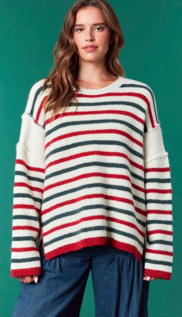Holiday Cheer Striped Sweater- Red/Green/Ivory