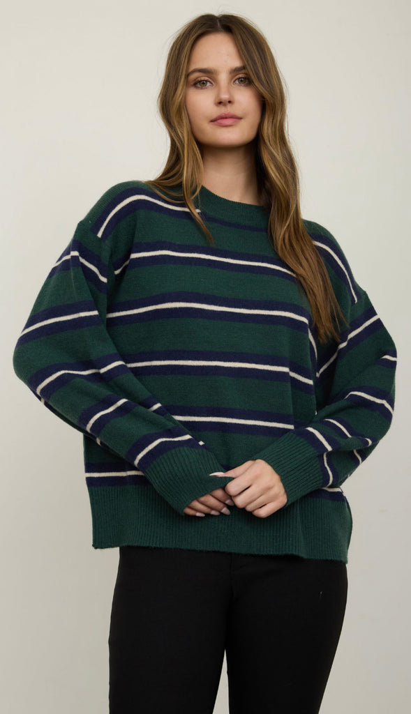 Clara Stripe Crewneck- Dusty Blue/Brown