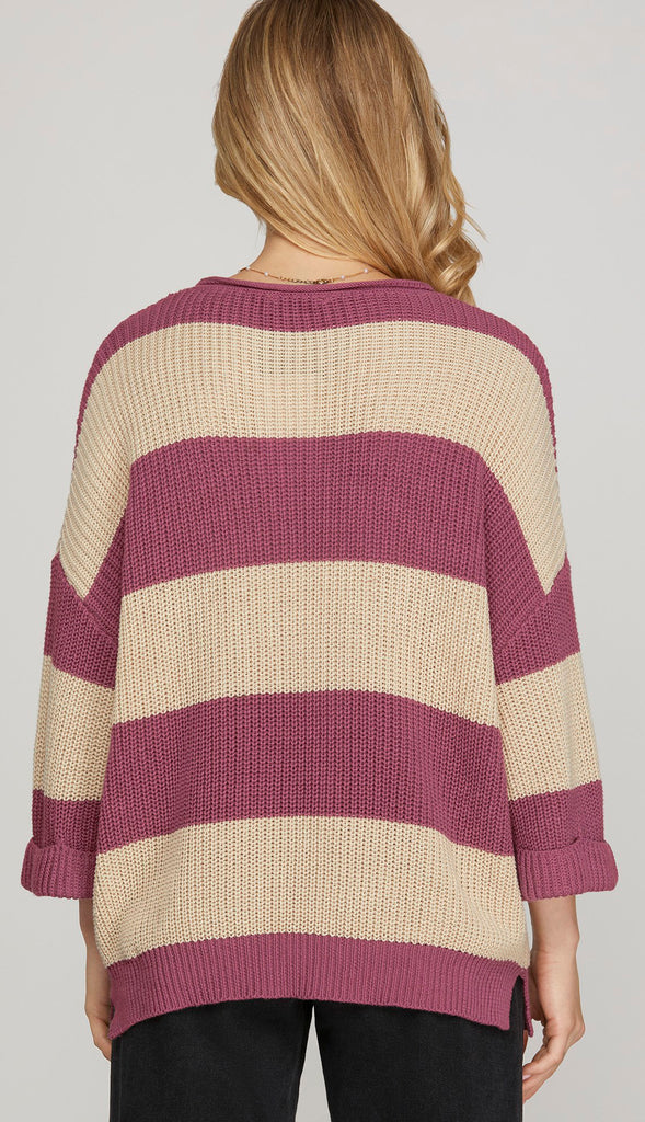 Esther 3/4 Sleeve Stripe Sweater- Navy Blue