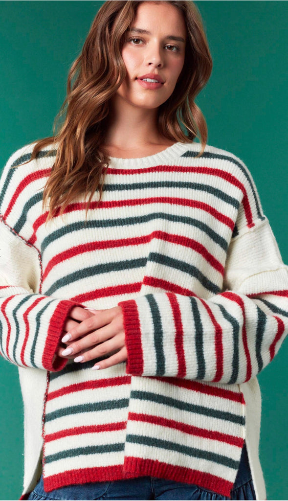 Holiday Cheer Striped Sweater- Red/Green/Ivory