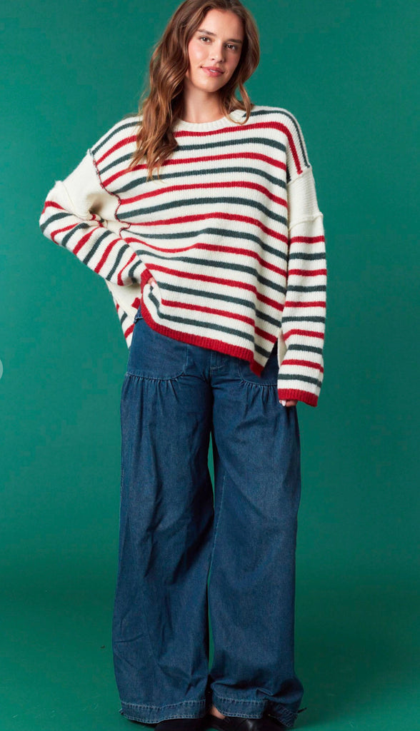 Holiday Cheer Striped Sweater- Red/Green/Ivory