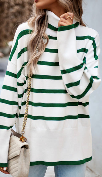 Lucky Me Stripe Side Slit Sweater- Green