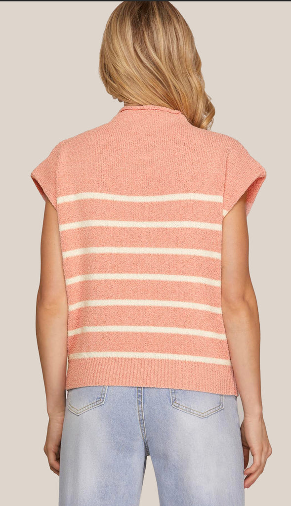 Claret Mock Neck Striped Sweater Top- Rose