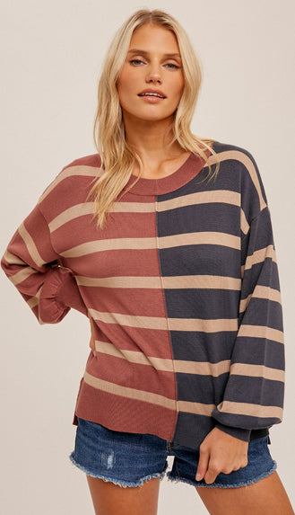 Two Way Street Stripe Sweater- Rose/Teal
