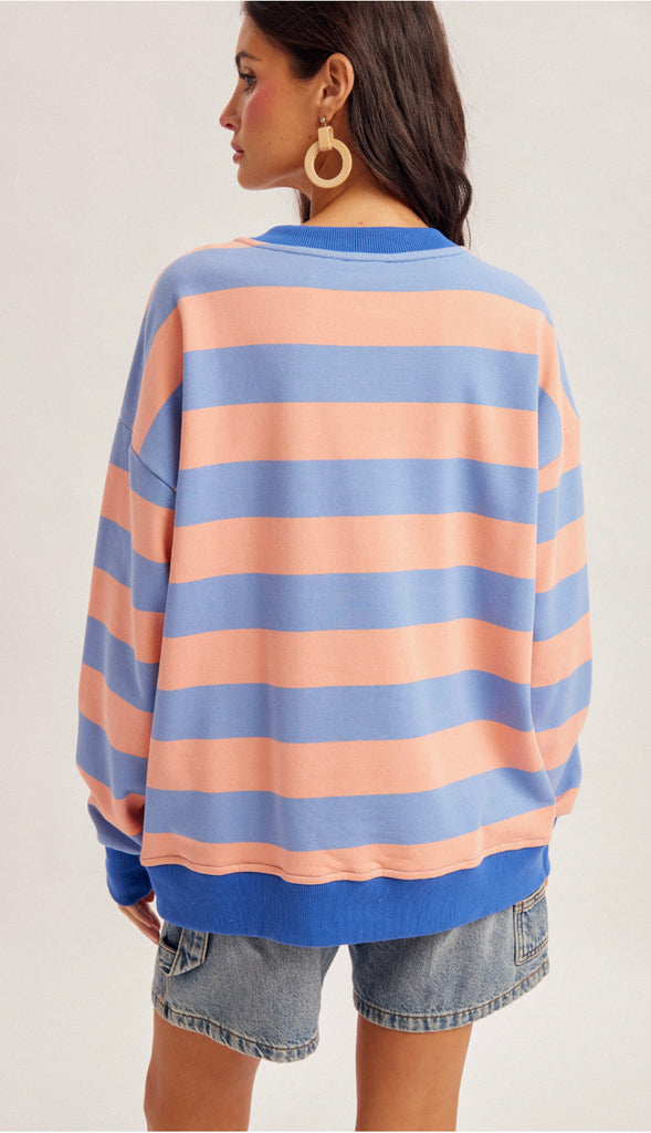 Sunday Funday Color Block Stripe Sweatshirt- Blueberry Pink