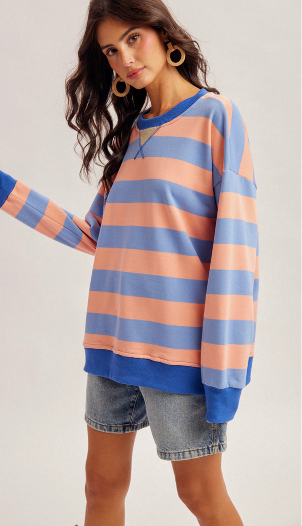 Sunday Funday Color Block Stripe Sweatshirt- Strawberry Lemonade