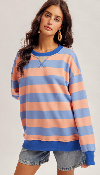 Sunday Funday Color Block Stripe Sweatshirt- Blueberry Pink