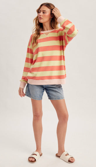 Sunday Funday Color Block Stripe Sweatshirt- Strawberry Lemonade