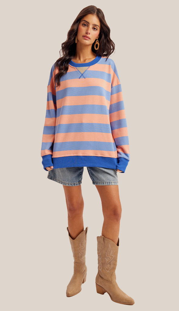 Sunday Funday Color Block Stripe Sweatshirt- Strawberry Lemonade