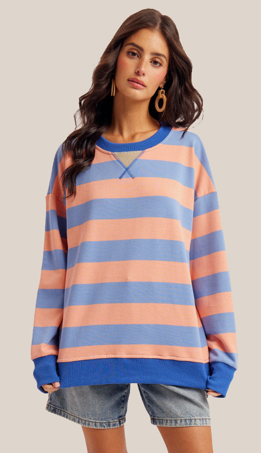 Sunday Funday Color Block Stripe Sweatshirt- Blueberry Pink