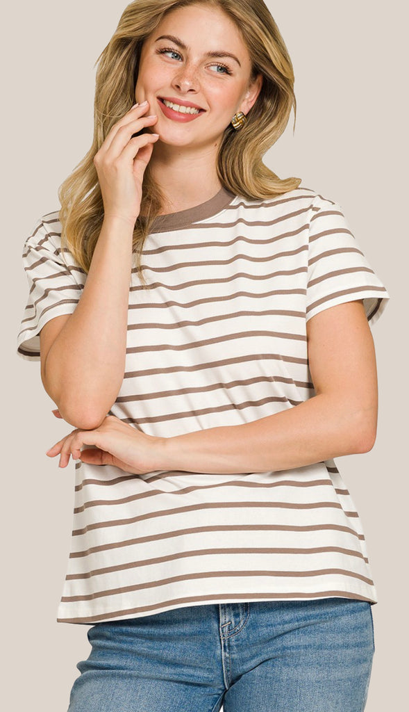 Soft Cotton Striped Crewneck Tee- Mocha