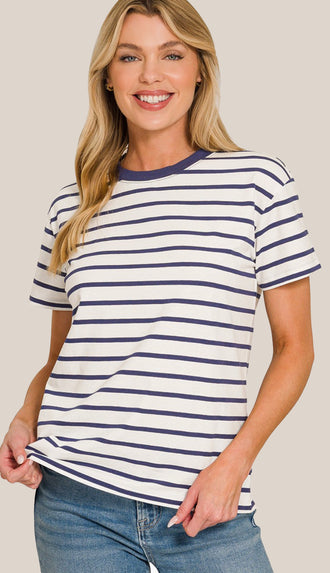 Soft Cotton Striped Crewneck Tee- Navy