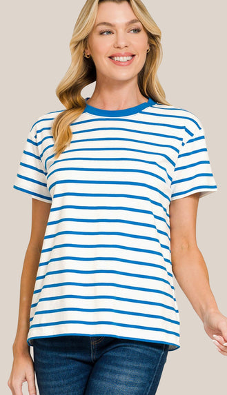 Soft Cotton Striped Crewneck Tee- Ocean Blue