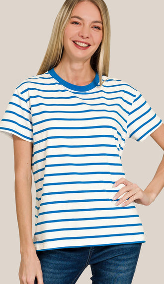 Soft Cotton Striped Crewneck Tee- Navy