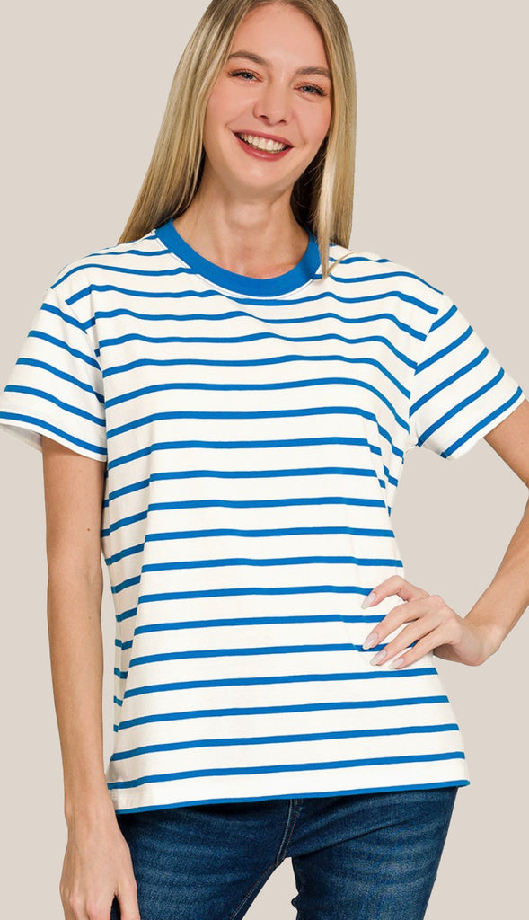 Soft Cotton Striped Crewneck Tee- Ruby