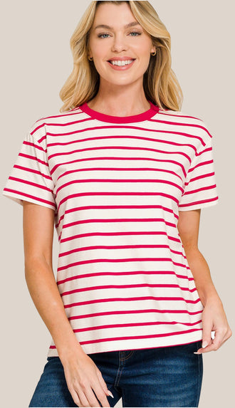 Soft Cotton Striped Crewneck Tee- Ruby