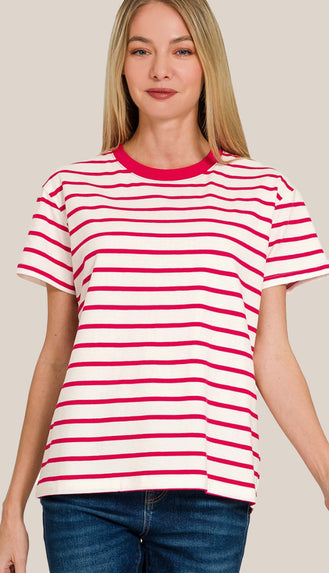 Soft Cotton Striped Crewneck Tee- Ruby