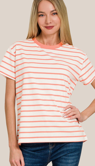 Soft Cotton Striped Crewneck Tee- Coral