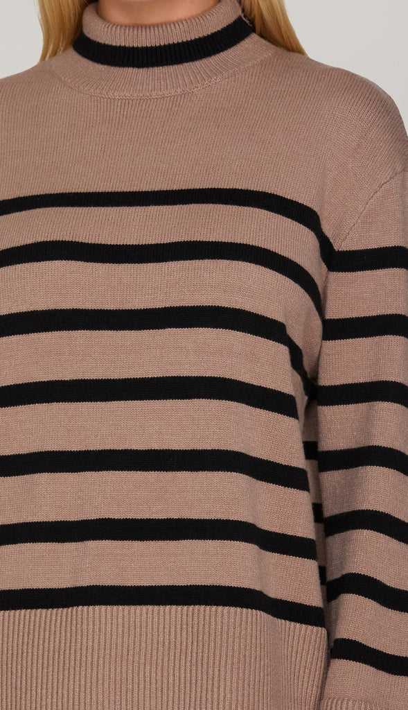 Kate Mock Neck Striped Sweater Top- Olive