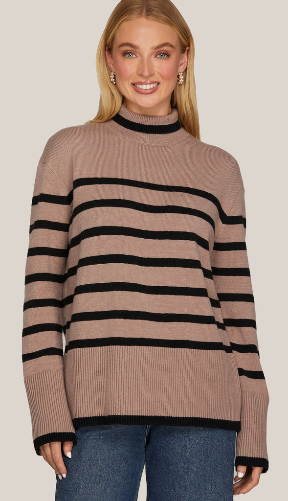 Kate Mock Neck Striped Sweater Top- Mocha